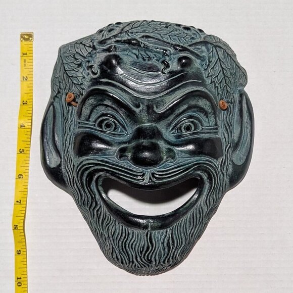 Greek Theatre Mask Satyros Comedy Ceramic Wall Decor Green Glazed - Picture 2 of 4